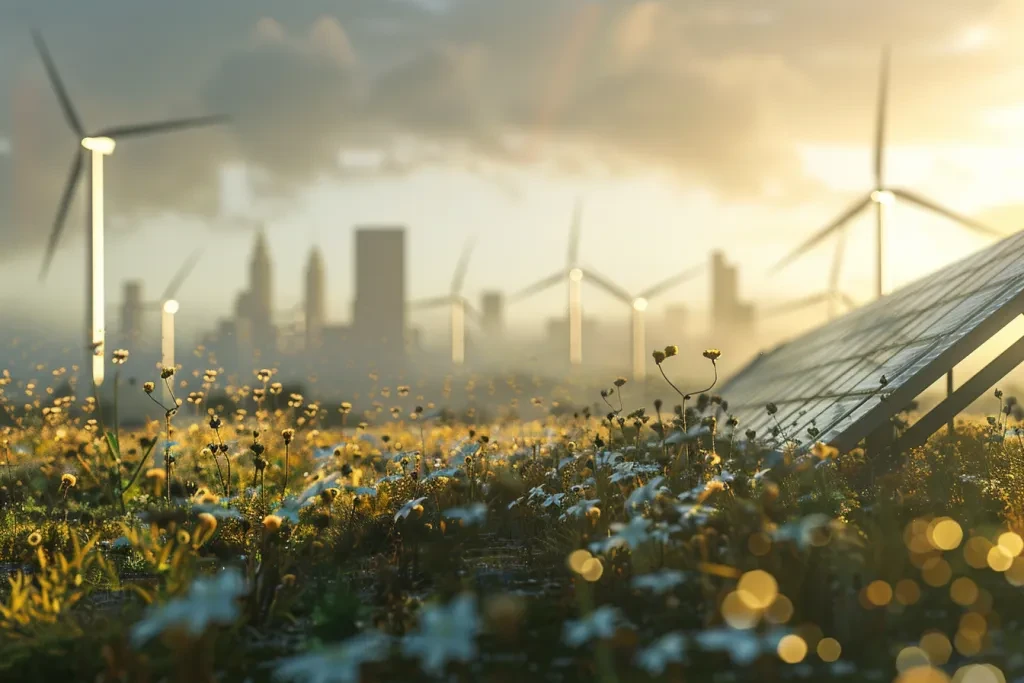 Paneles solares y turbinas eólicas en un campo, con el horizonte de la ciudad al fondo.