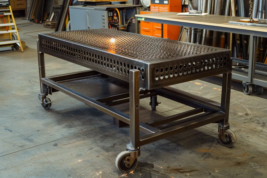 one sheet metal welding table with two casters and one lower shelf on the side of it