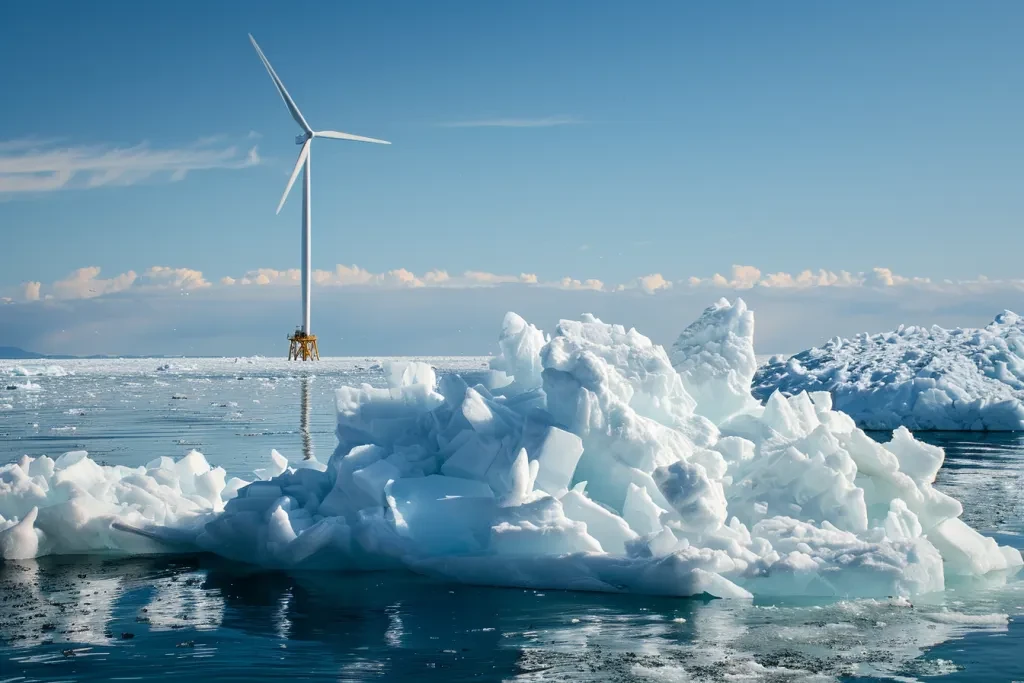 montón de hielo cercano. La foto muestra una turbina eólica al estilo