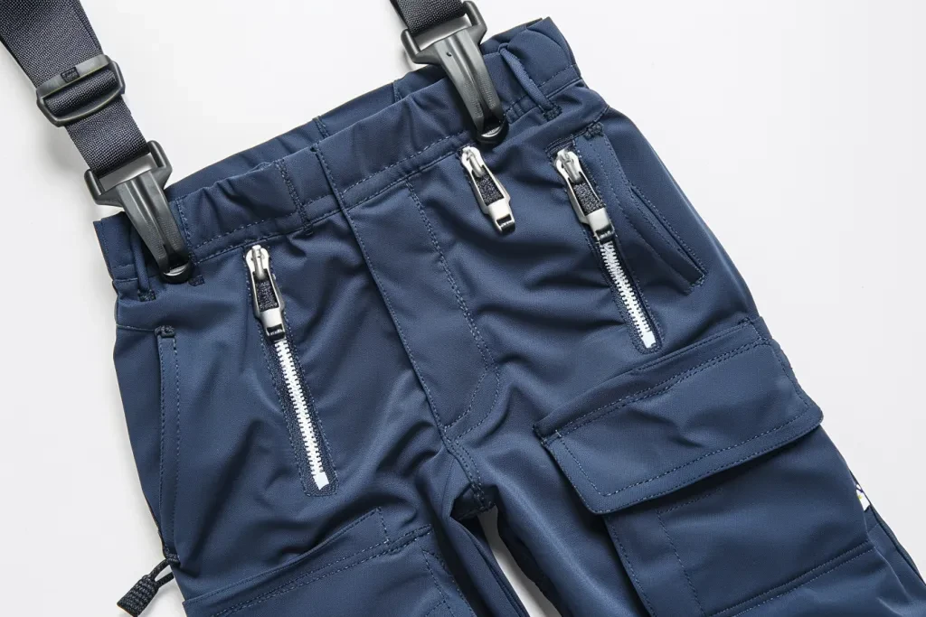 realistic style photo of navy blue ski pants