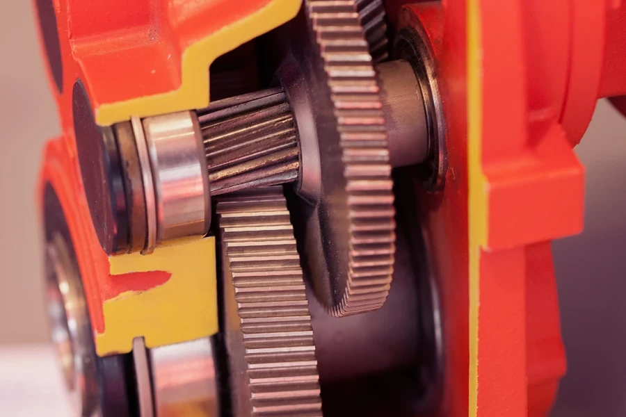 section of vertical gear unit with cylindrical gears, note shallow depth of field