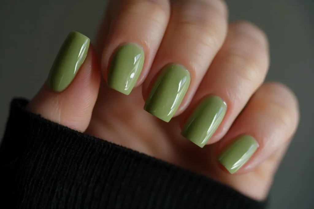 présentant deux ongles avec un vernis à ongles vert olive clair dessus