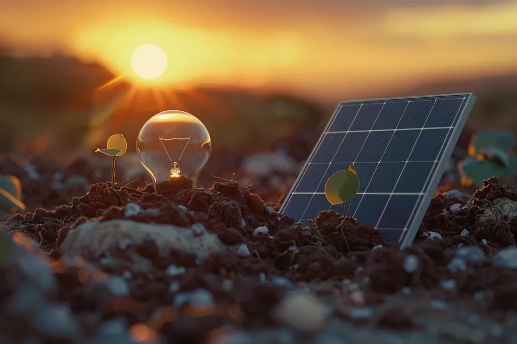 Solarpanel sitzt auf einer Glühbirne mit einer wachsenden Pflanze im Inneren, stehend in einem Haufen Erde vor einem orangefarbenen Himmelshintergrund