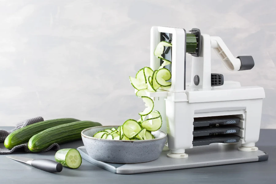 spiralizing cucumber vegetable with spiralizer