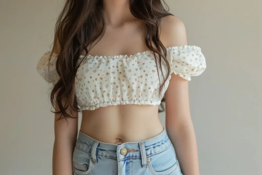 gola quadrada com mangas bufantes e pequena estampa floral em branco