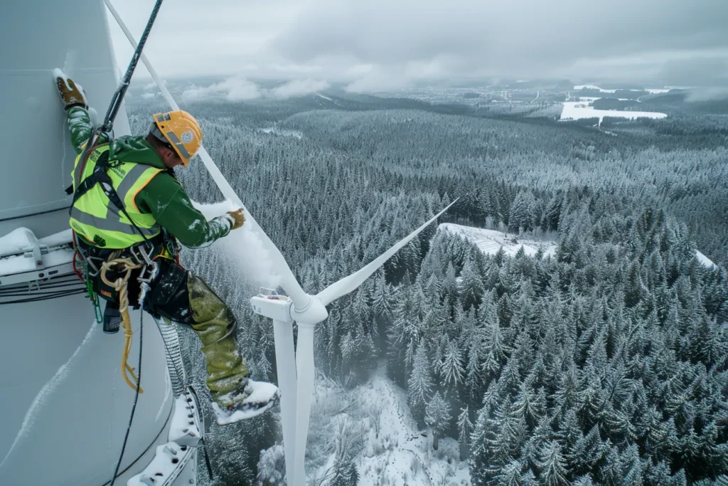 suspended from the edge of a wind turbine by wires during winter