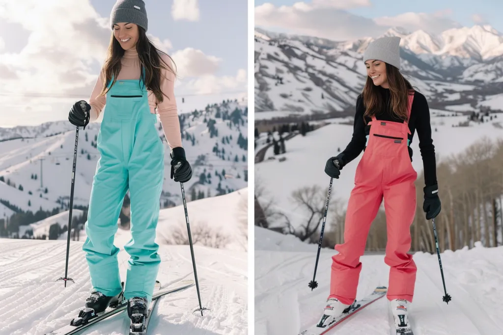 two photos of the same woman wearing skis and snow pants
