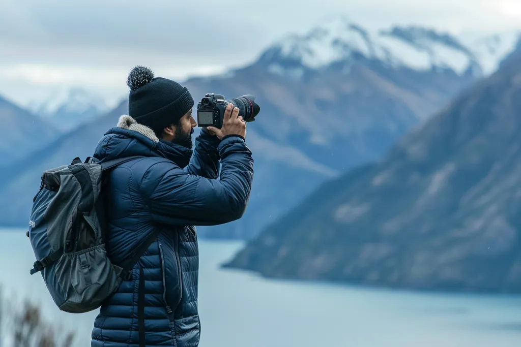 indossa una giacca blu scuro e un berretto nero e tiene in mano la macchina fotografica