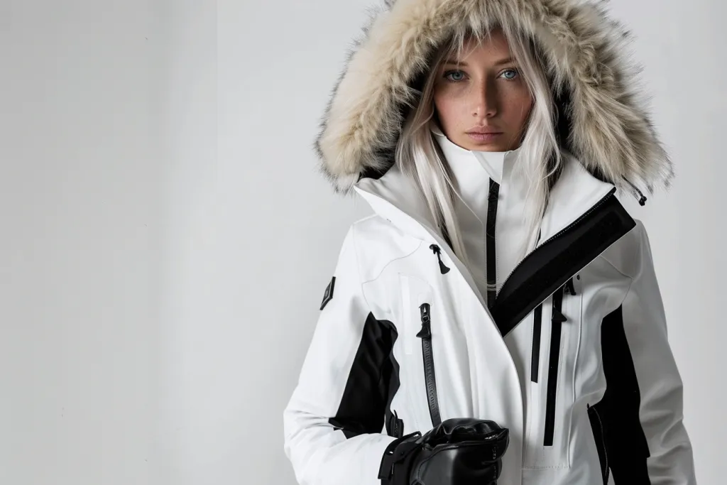 white jacket with black trim and fur hood