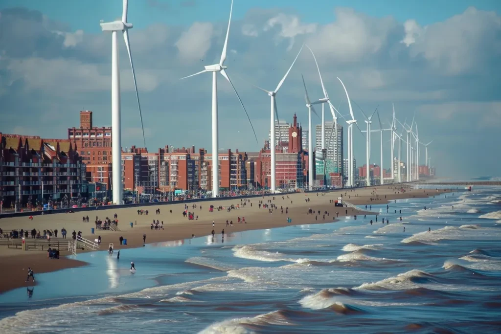 Turbinas de viento en la costa de Blackpool