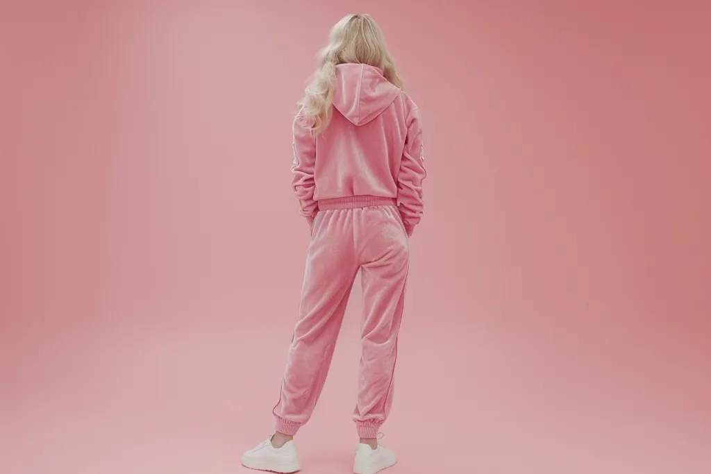 woman wearing pink velvet tracksuit