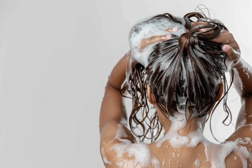 Mujer con cabello en sus manos lavandolo