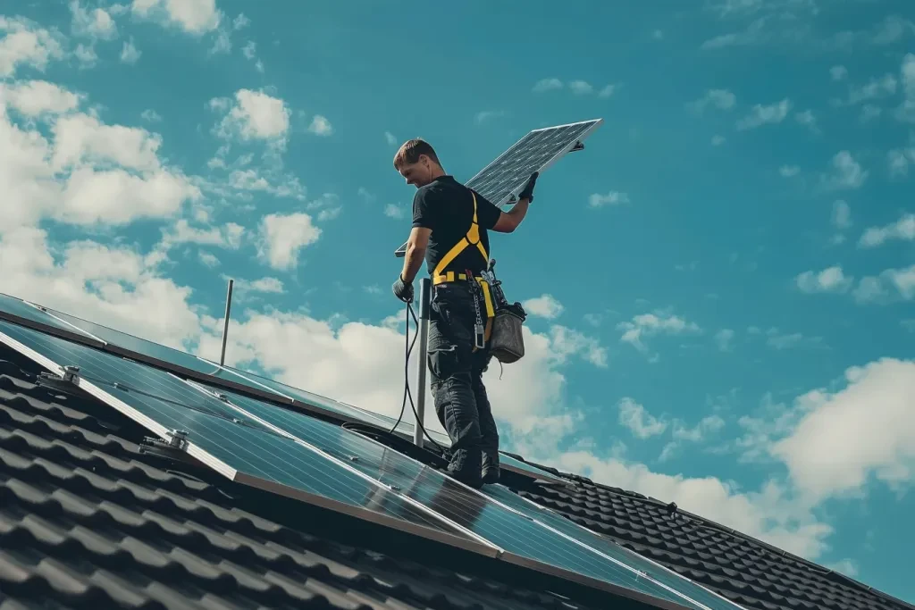 yellow safety belt carrying a solar panel on a roof