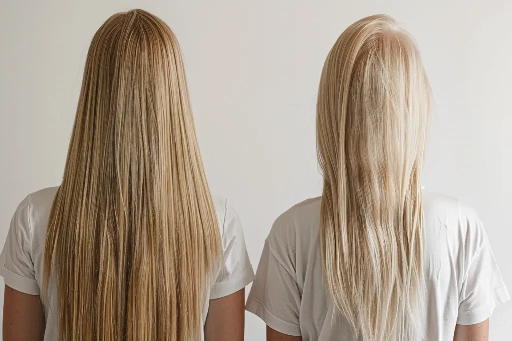 Una foto prima e dopo della vista posteriore di una donna con lunghi capelli biondi