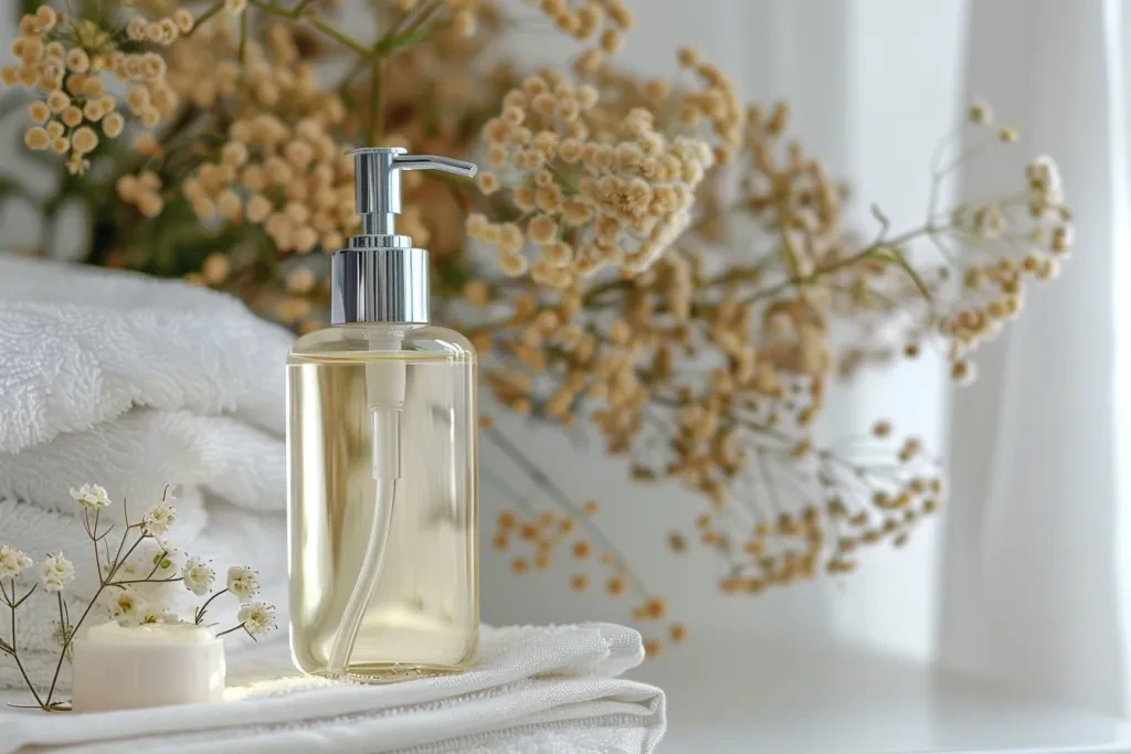 A clear glass bottle with an elegant metal pump head filled with light yellow liquid