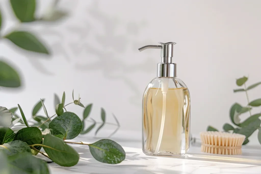 A clear glass soap bottle with an elegant chrome pump