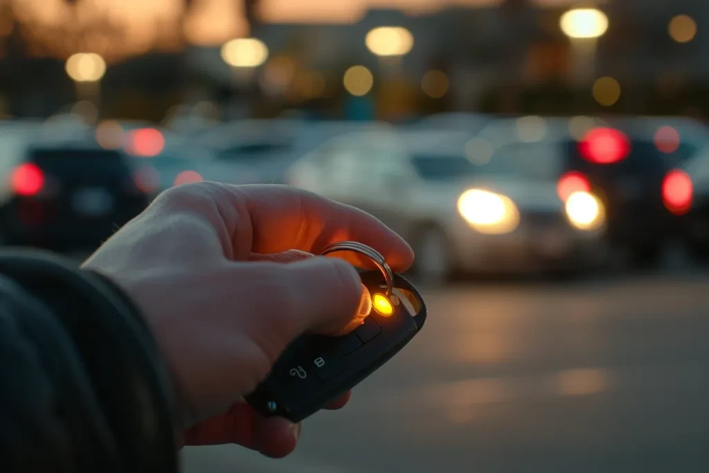 Un primer plano de una mano que sostiene y mueve un llavero de emergencia para un auto