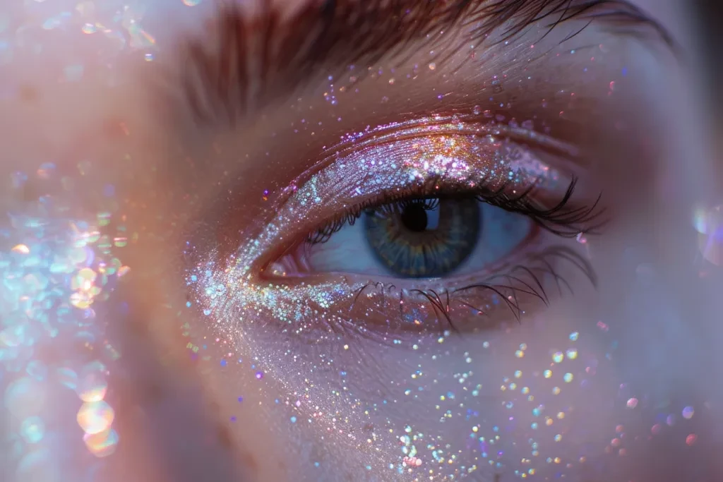 A close-up of an eye with glittery eyeshadow