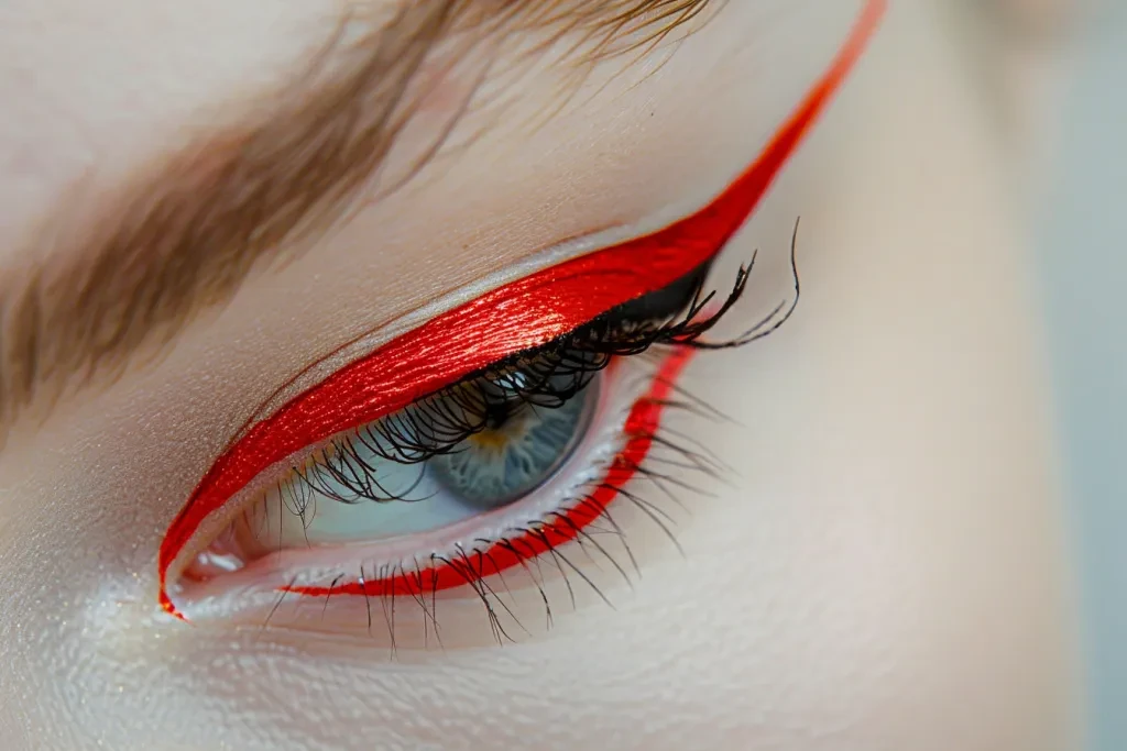 menampilkan eyeliner merah yang digambar dengan anggun