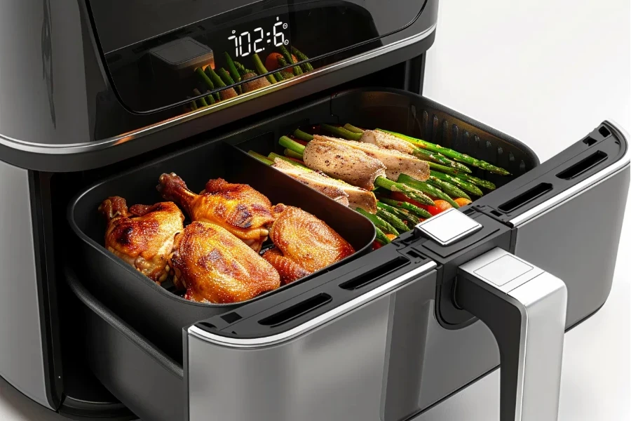 A large air fryer with an open drawer