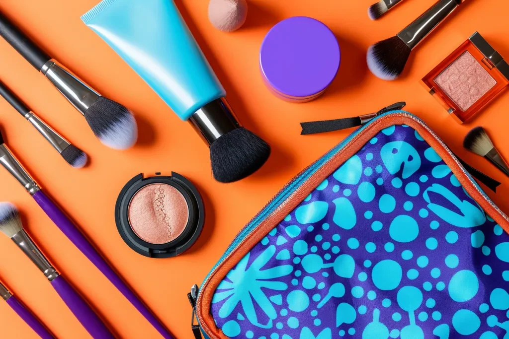 Eine Kosmetiktasche mit verschiedenen Beauty-Produkten und Pinseln