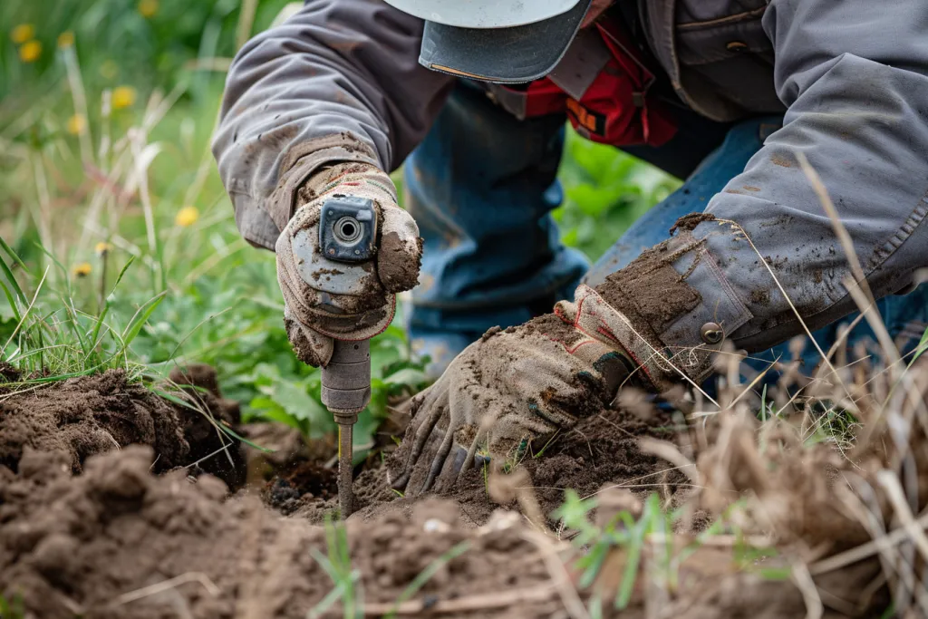 A man using a small gas mask-style floor hole drill