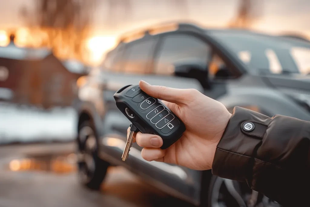 Una persona que sostiene la llave del auto con control remoto.