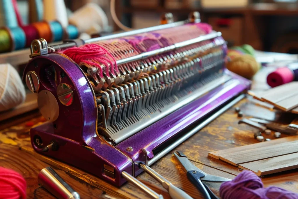 A purple and red knitting machine