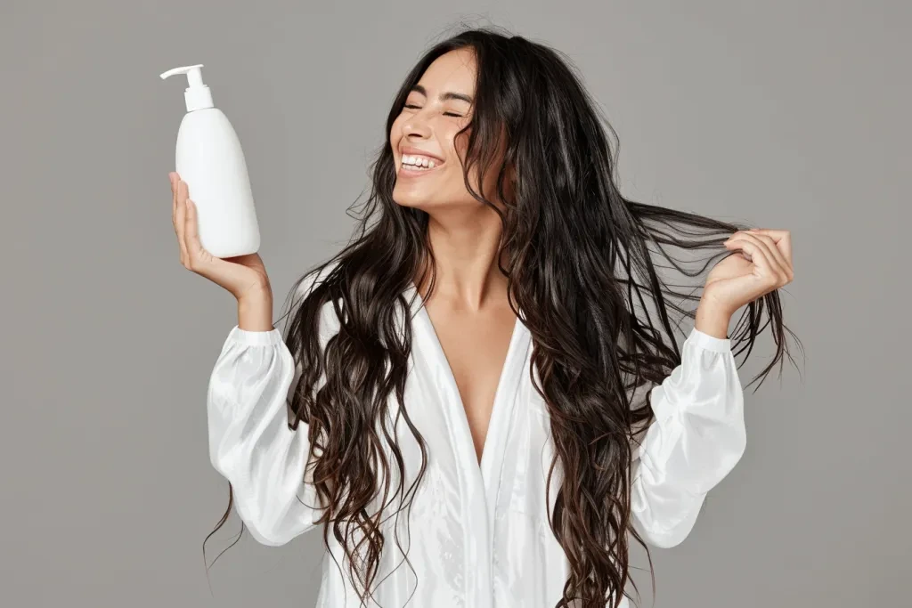 Uma mulher segurando um produto para o cabelo e sorrindo enquanto está de pé