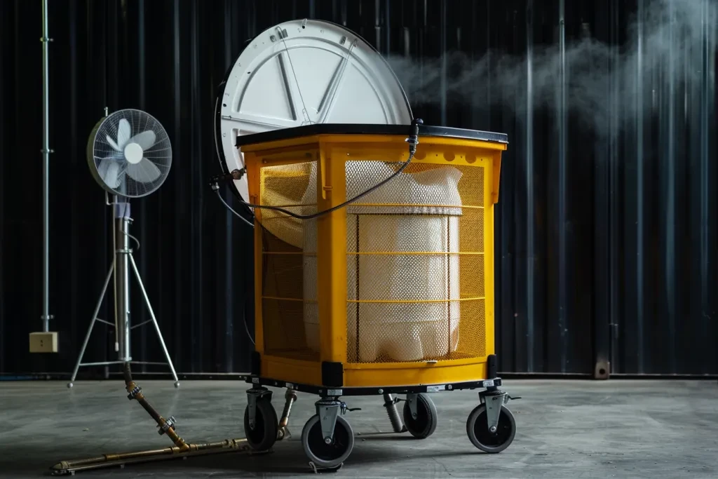 A yellow plastic bucket on wheels