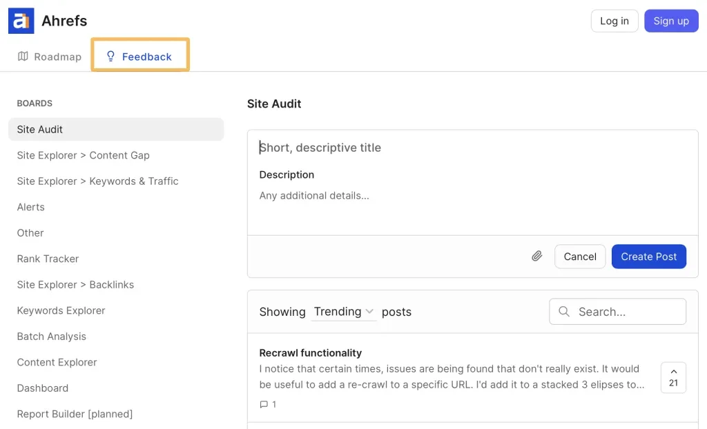 Schermata della scheda di feedback di Ahrefs Canny.io