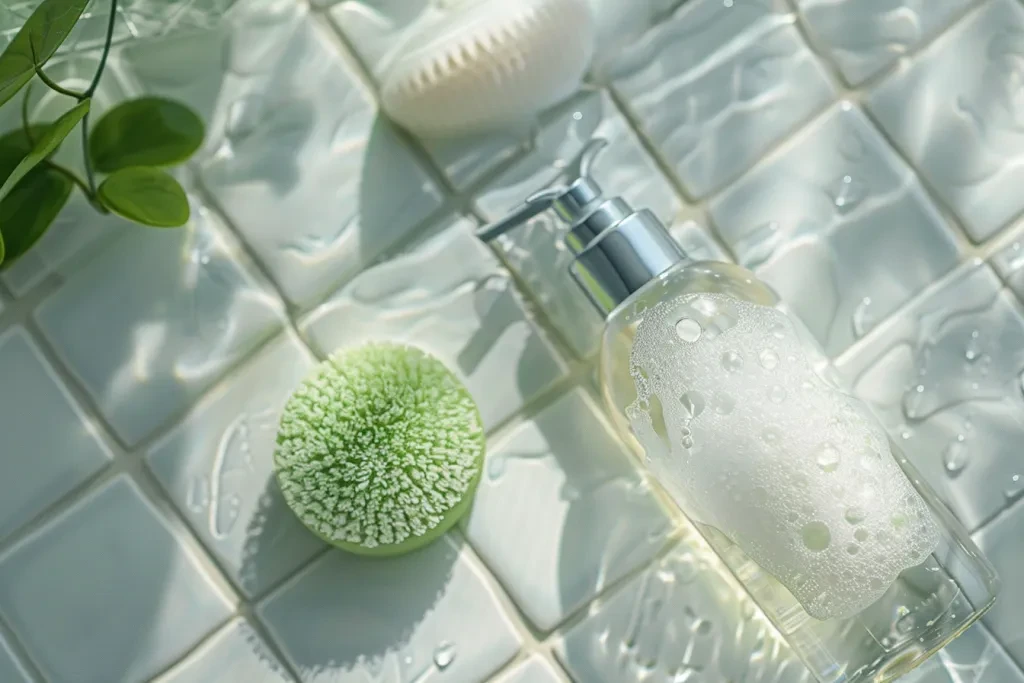 An image of a clear glass bottle filled with white soap on top of bathroom tiles