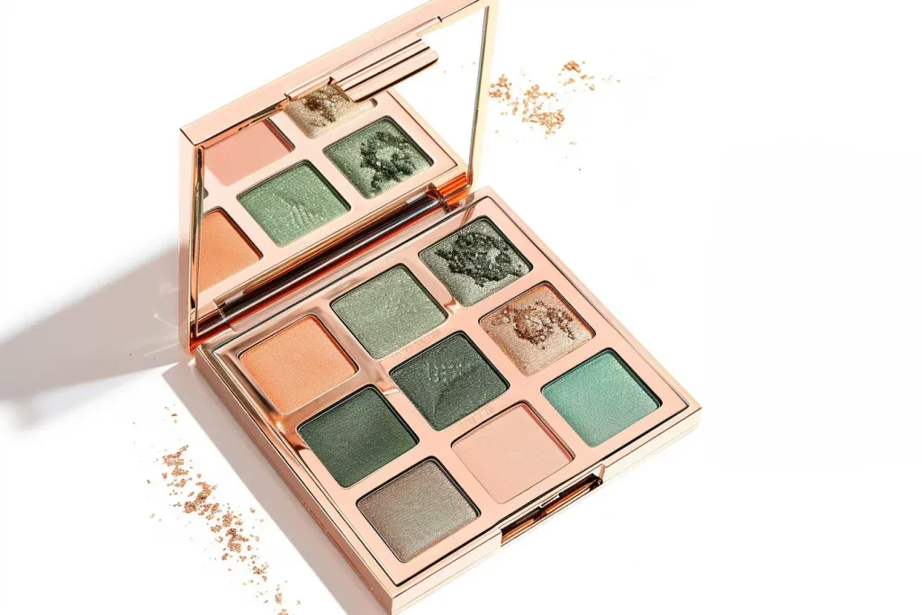 An open, rose gold palette with shades of peach and green