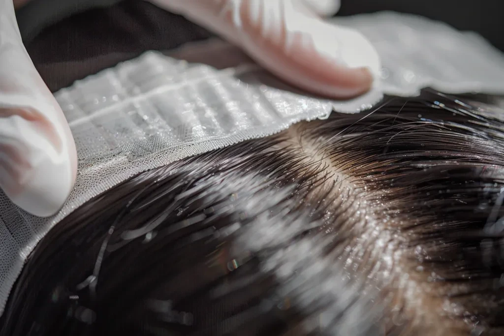 Primo piano dell'attaccatura dei capelli con uno spesso nastro bianco tra due ciocche