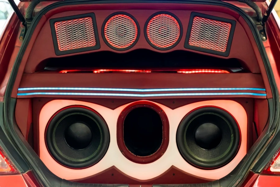 Colorful lights of stereo and speakers in car