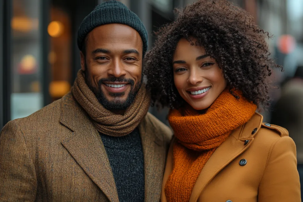 Casal com roupas casuais de negócios com cores coordenadas