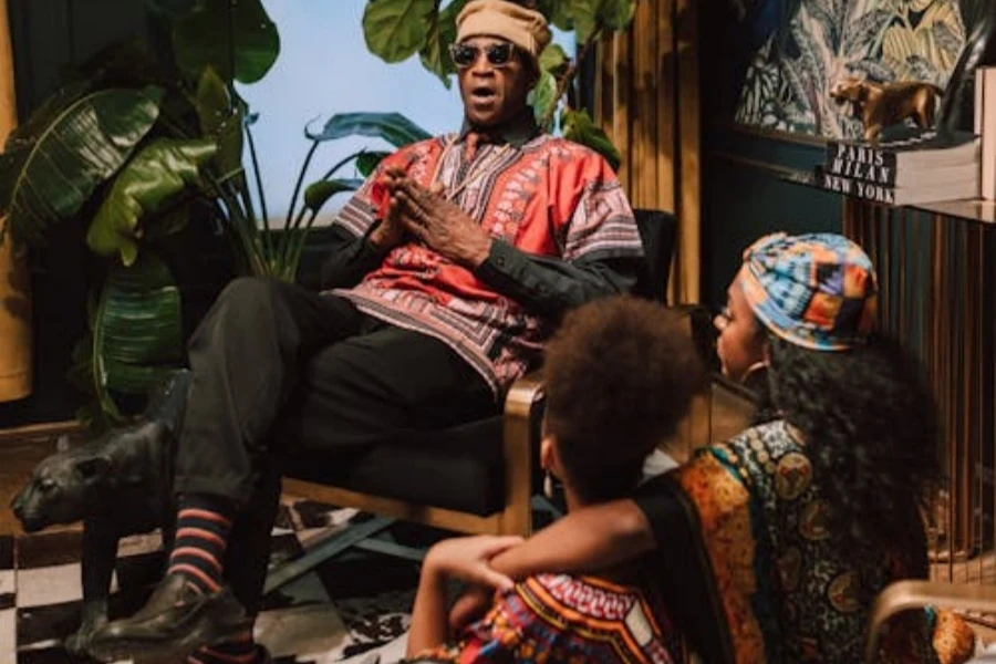 Father, mother, and child wearing ethnic kaftans