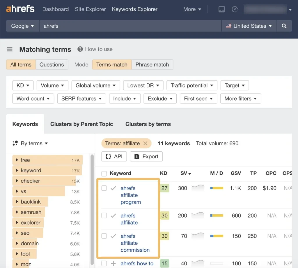 Esempio di ricerca di termini di ricerca di marca popolari utilizzando il programma di affiliazione Ahrefs