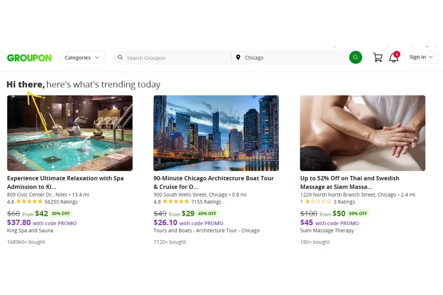 Página de ventas breve de Groupon con ofertas