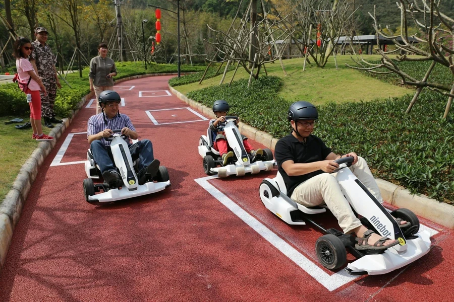 Pessoas dirigindo karts em pista de corrida