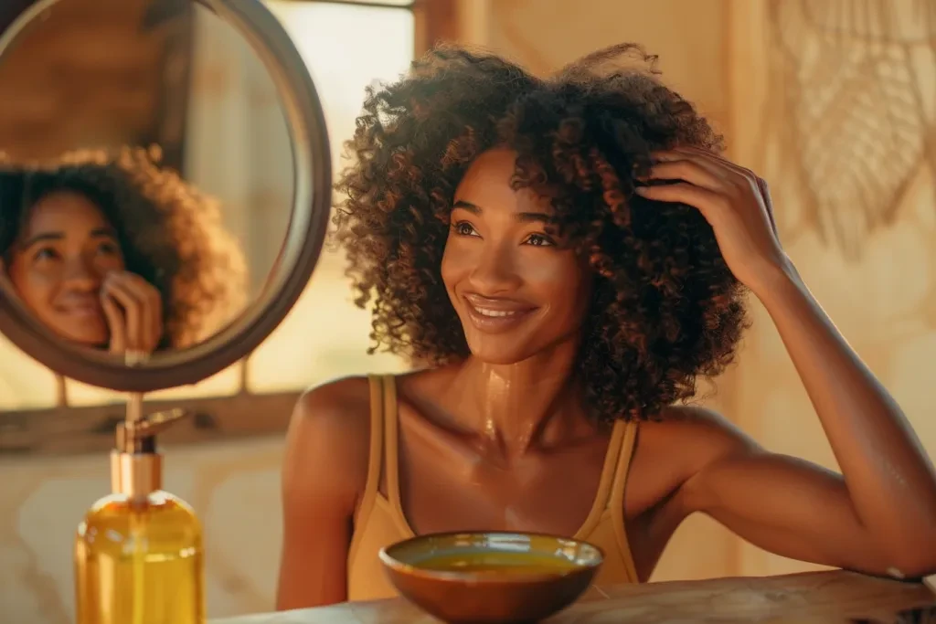 Photo d'une femme noire heureuse se regardant dans un miroir alors qu'elle applique de l'huile capillaire sur ses cheveux châtain foncé bouclés