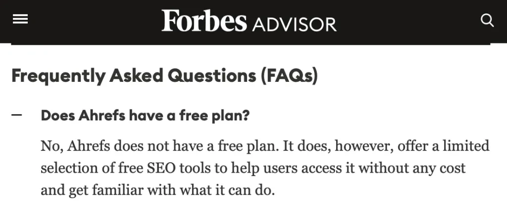 Screenshot di Forbes Advisor che ha una sezione FAQ che non menziona specificamente Ahrefs Webmaster Tools (AWT)