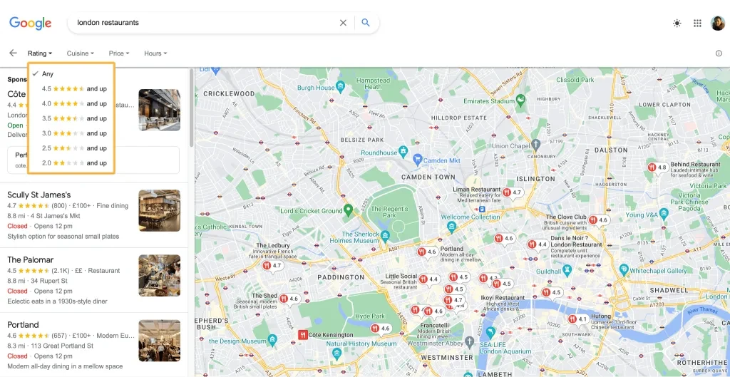 Esempio di filtro di valutazione in stelle, tramite Google Maps