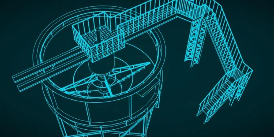 Stylized vector illustration of isometric blueprint of mining thickener tank