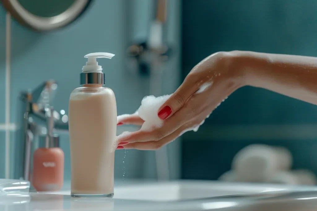 The scene takes place in the bathroom of an American home with blue and gray decor