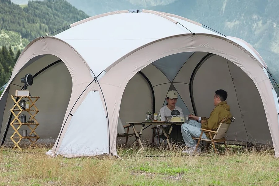 Two people sitting under a canopy sun shelter