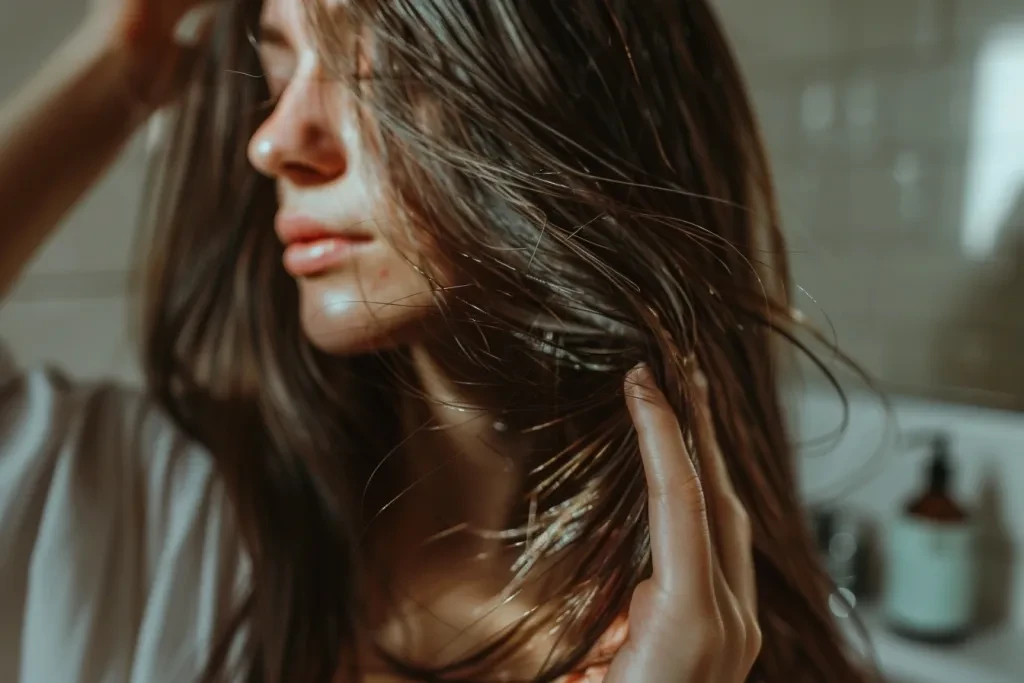 Femme tenant ses cheveux