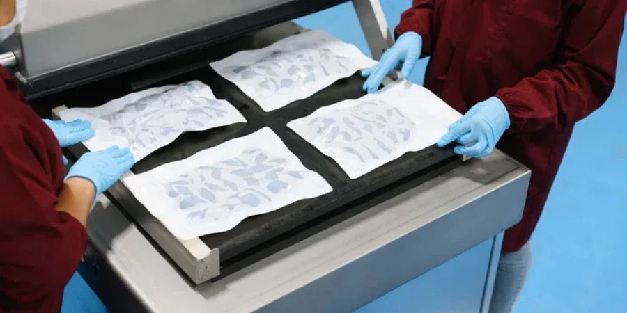 Worker packing seafood at a food processing plant1