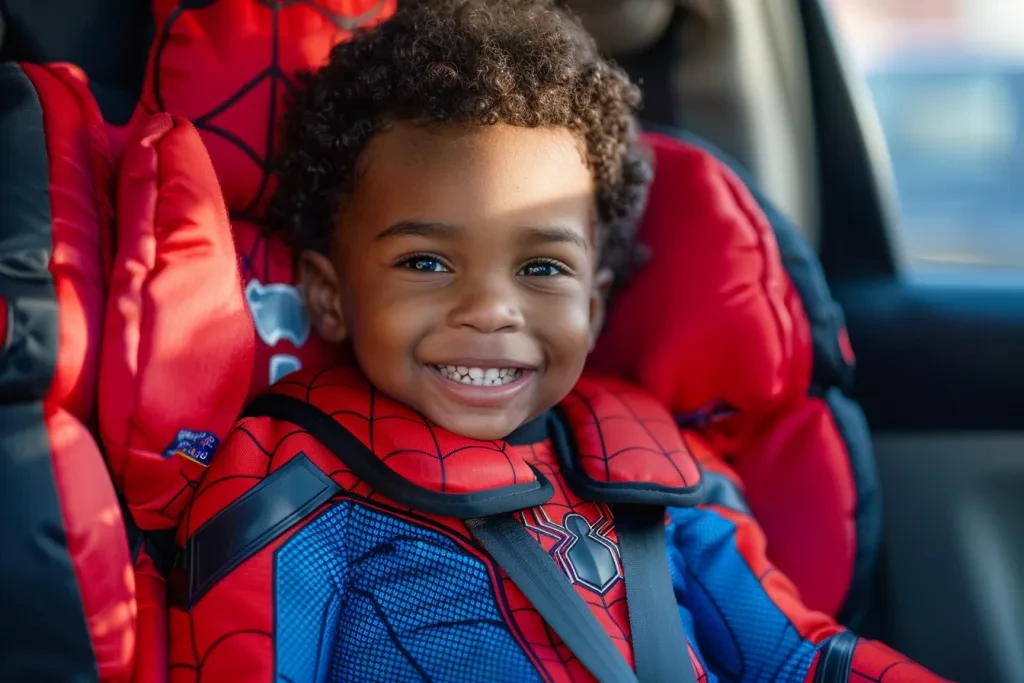 un lindo chico negro con gran cabello rizado sonriendo en su asiento de auto de Spiderman