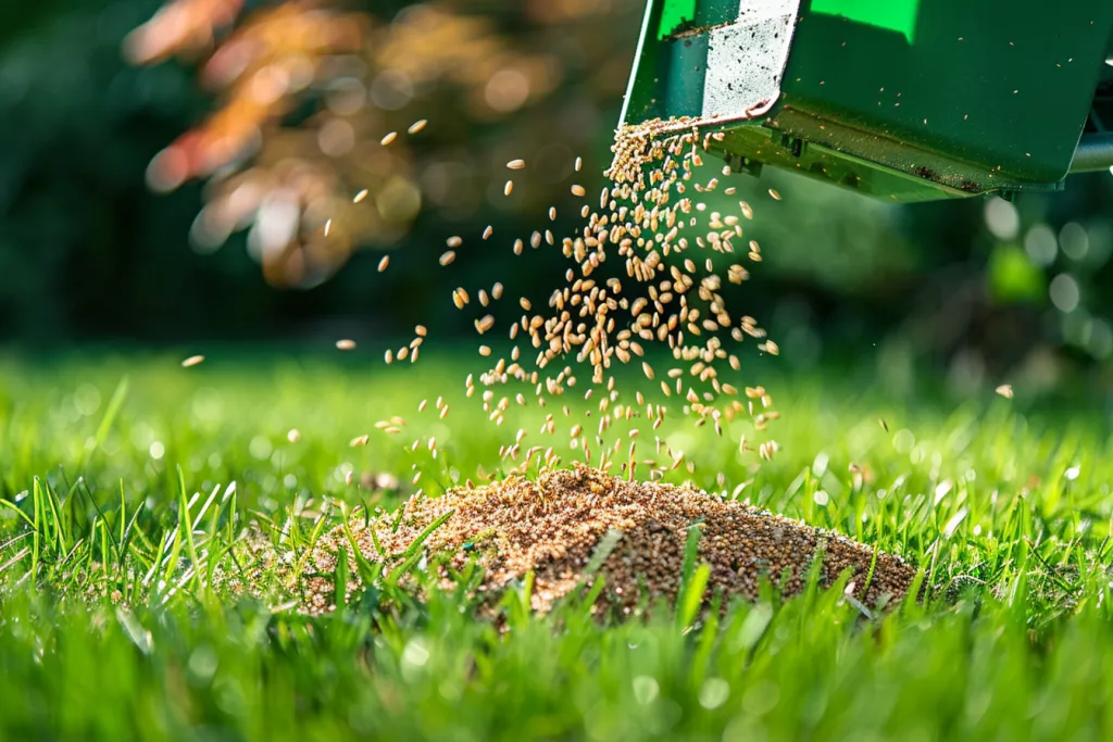 a green spreader on a lawn